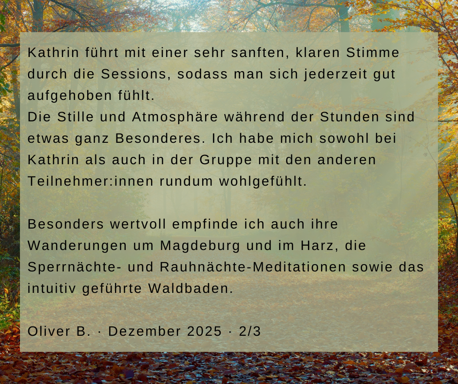 Kundenstimme von Oliver B., Dezember 2025, Teil 2 von 3: Kathrin führt mit einer sehr sanften, klaren Stimme durch die Sessions, sodass man sich jederzeit gut aufgehoben fühlt. Die Stille und Atmosphäre während der Stunden sind etwas ganz Besonderes. Ich habe mich sowohl bei Kathrin als auch in der Gruppe mit den anderen Teilnehmer:innen rundum wohlgefühlt. Besonders wertvoll empfinde ich auch ihre Wanderungen um Magdeburg und im Harz, die Sperrnächte- und Rauhnächte-Meditationen sowie das intuitiv geführte Waldbaden.
