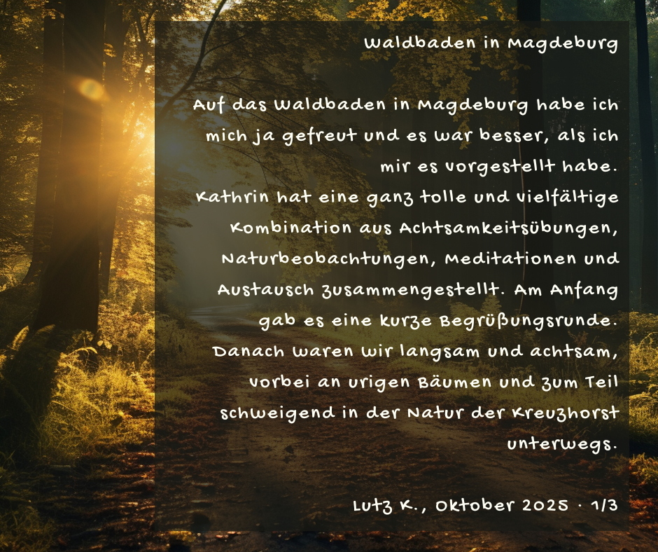 Kundenstimme von Lutz K., Oktober 2025, Teil 1 von 3: Waldbaden in Magdeburg Auf das Waldbaden in Magdeburg habe ich mich ja gefreut und es war besser als ich mir es vorgestellt habe. Kathrin hat eine ganz tolle und vielfältige Kombination aus Achtsamkeitsübungen, Naturbeobachtungen, Meditationen und Austausch zusammengestellt. Am Anfang gab es eine kurze Begrüßungsrunde. Danach waren wir langsam und achtsam vorbei an urigen Bäumen und zum Teil schweigend in der Natur der Kreuzhorst unterwegs.